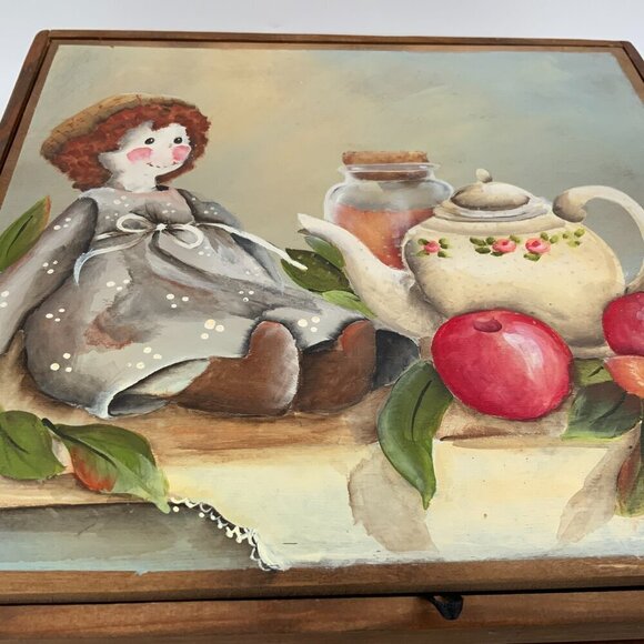 Handmade Vtg Folk Art Wood Sewing Box Carrying Case Hand Painted Cover - Picture 9 of 13